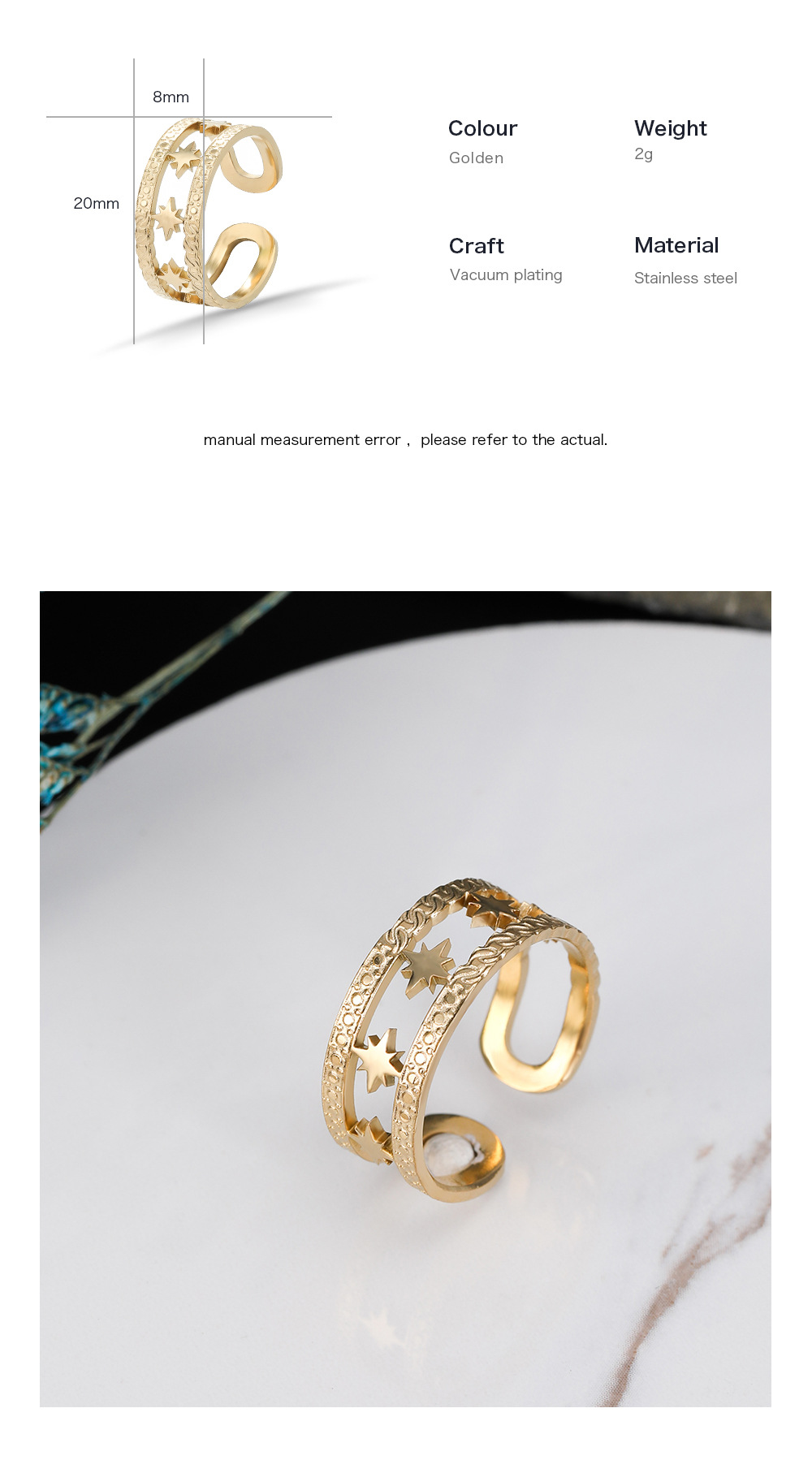 304 Stainless Steel Material Star Pattern Vacuum Plating Real Gold Plated Star 304 Stainless Steel Fashion Waterproof Non Tarnish Rings