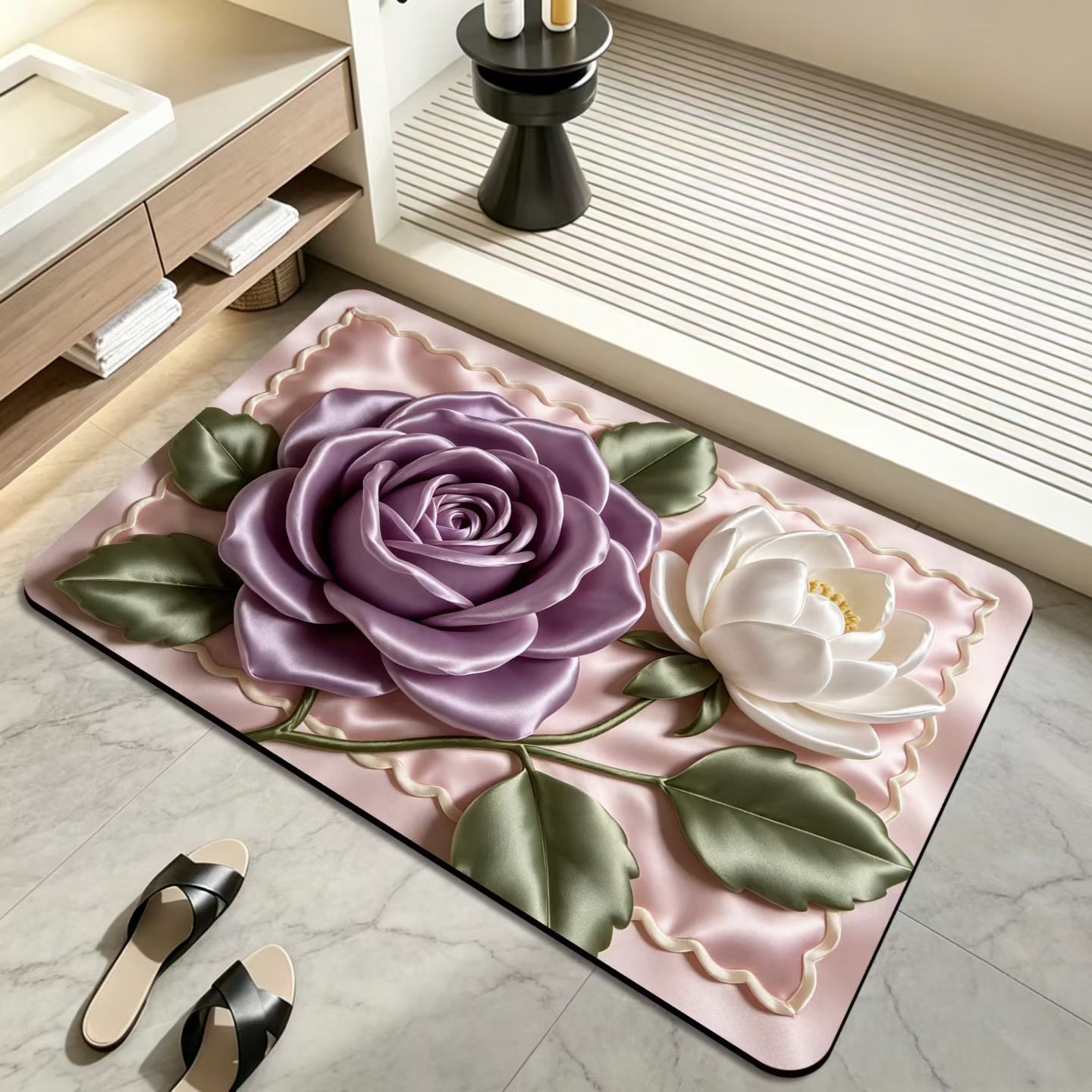 3D estereoscópico flor alfombra de baño absorción de agua antideslizante cojín de barro de diatomeas puerta de baño secado rápido cojín de pies resistente al desgaste