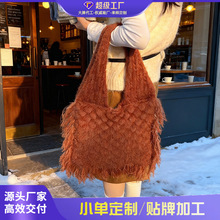 跨境冬新款针织包包女手工钩织流苏单肩包大容量慵懒风时尚托特包