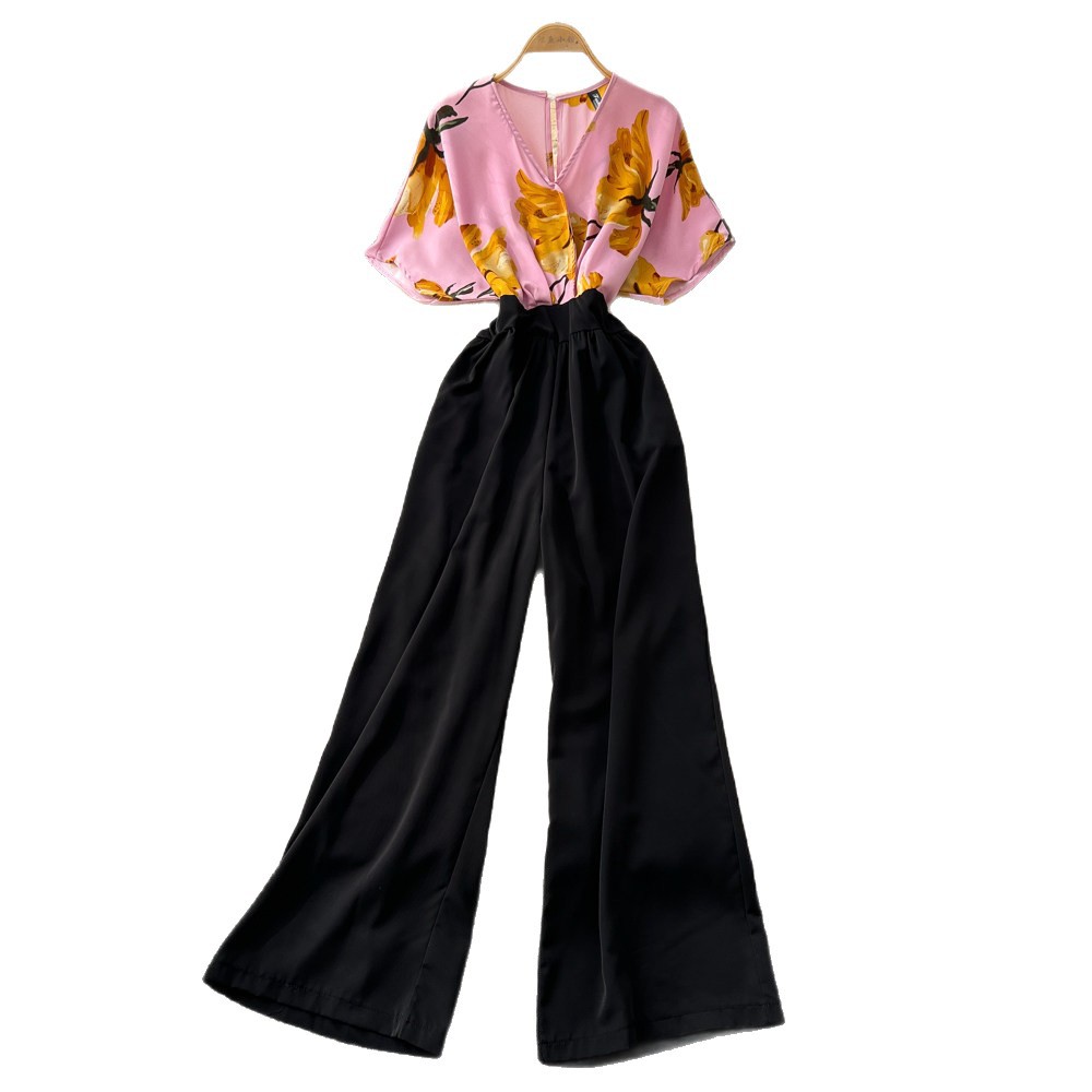 Korean Style Women's V Neck Jumpsuit High Waisted Wide Leg Pants Slimming Print Workwear Summer Elegant Long Romper_ecoleips.com