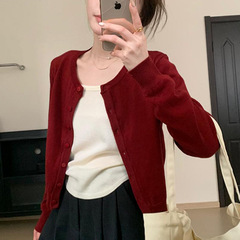 春秋季薄款小个子外搭长袖针织开衫上衣早秋chic红色毛衣短外套女