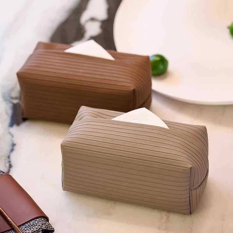 Caja de pañuelos a rayas simple, caja de dibujo con patrón de cuero, mesa de comedor para sala de estar, caja de almacenamiento, lujo ligero de alta gama para automóvil