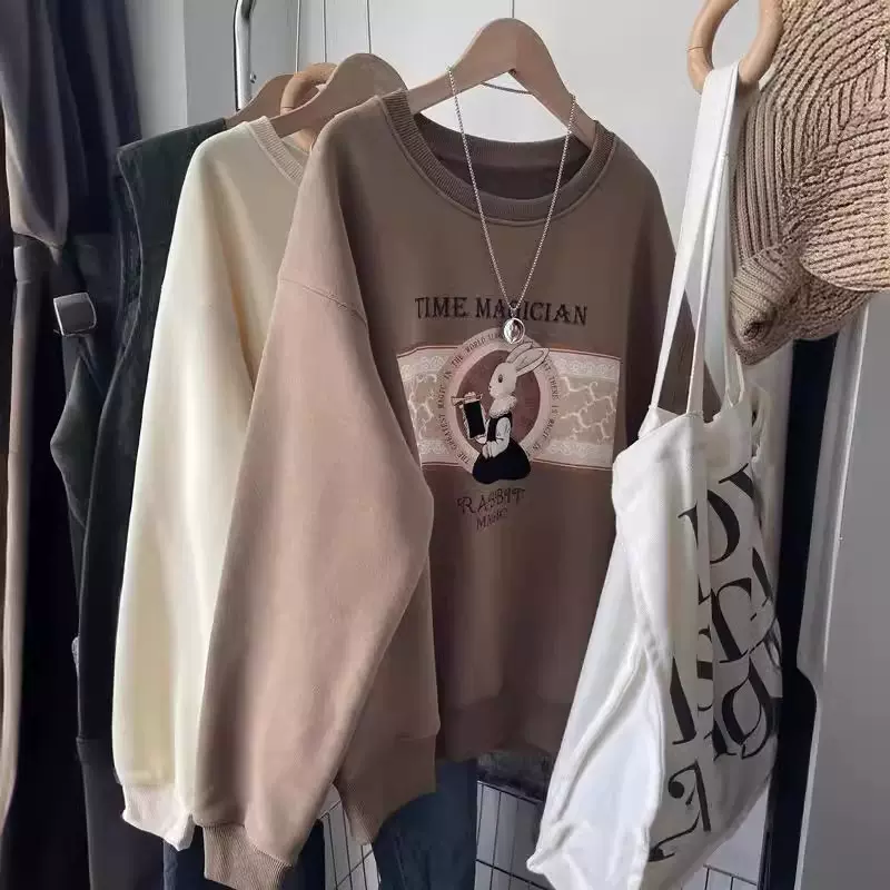 加绒加厚复古兔子印花圆领休闲百搭洋气宽松套头卫衣冬季女韩版