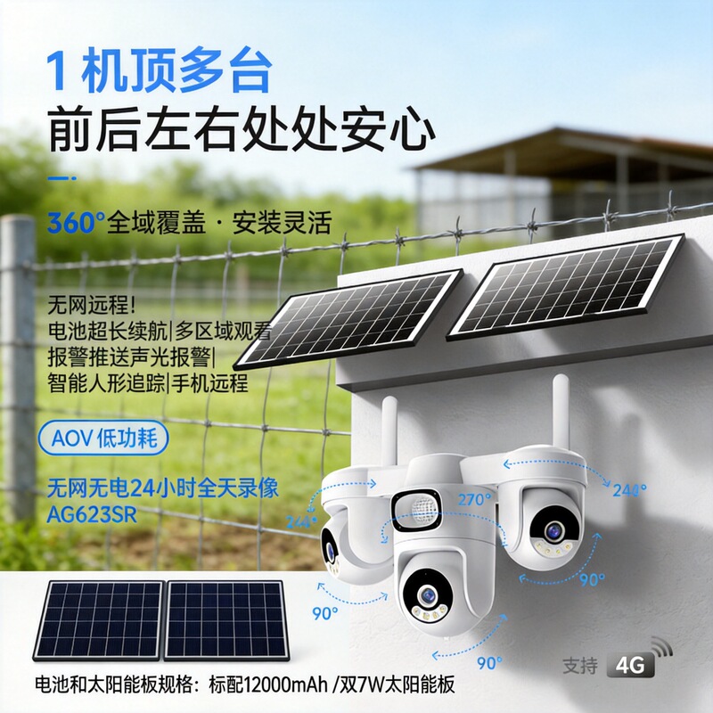 Three-Lens Aov Solar-Powered Camera Monitor 360-Degree No-Blind-Angle, No-Electricity, No-Internet Night Vision Outdoor Surveillance Camera Three-Lens Aov Solar-Powered Camera Monitor 360-Degree No-Blind-Angle, No-Electricity, No-Internet Night Vision Outdoor Surveillance Camera