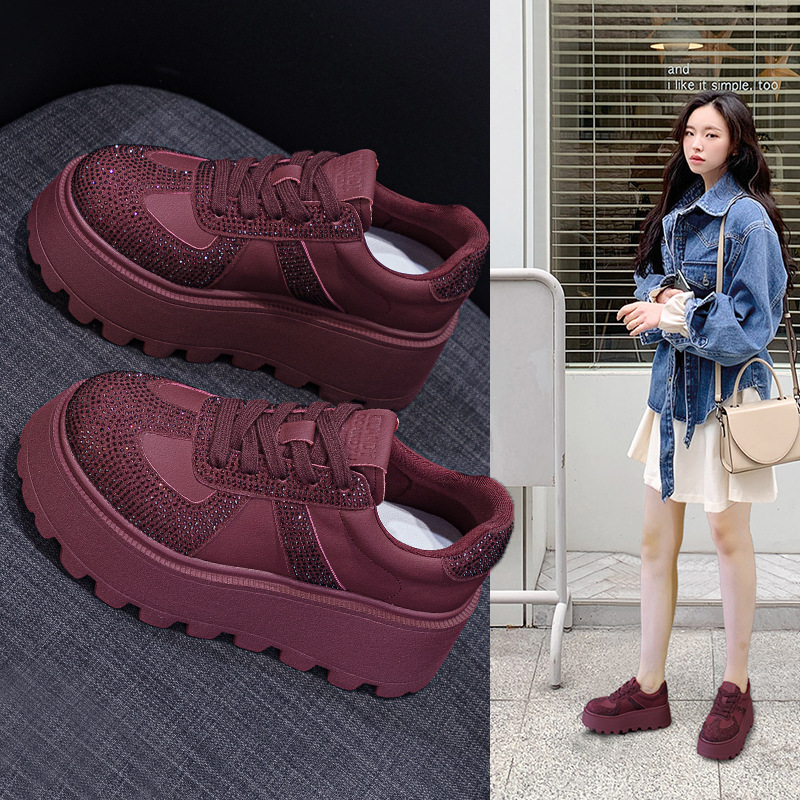 Giày sneaker nữ đế dày tăng chiều cao phong cách Đức retro da lộn đính đá mùa thu 2026 — M2653 lớp lót đơn màu đen, M2653 li đơn màu đỏ, Lớp lót đơn màu vàng M2653, M2653-1 đen cộng với nhung chi tiết 1
