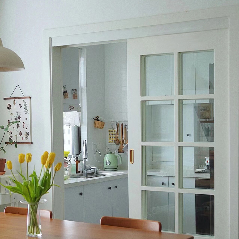 French Sliding Door Solid Wood Composite Paint Door Indoor Balcony Glass Wooden Door Kitchen Partition Sliding Door Customized