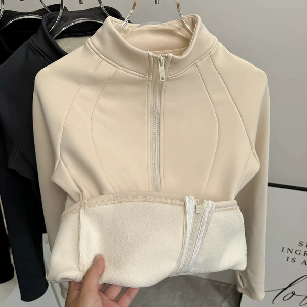 Velvet jacket with zipper, ivory, increased thickness