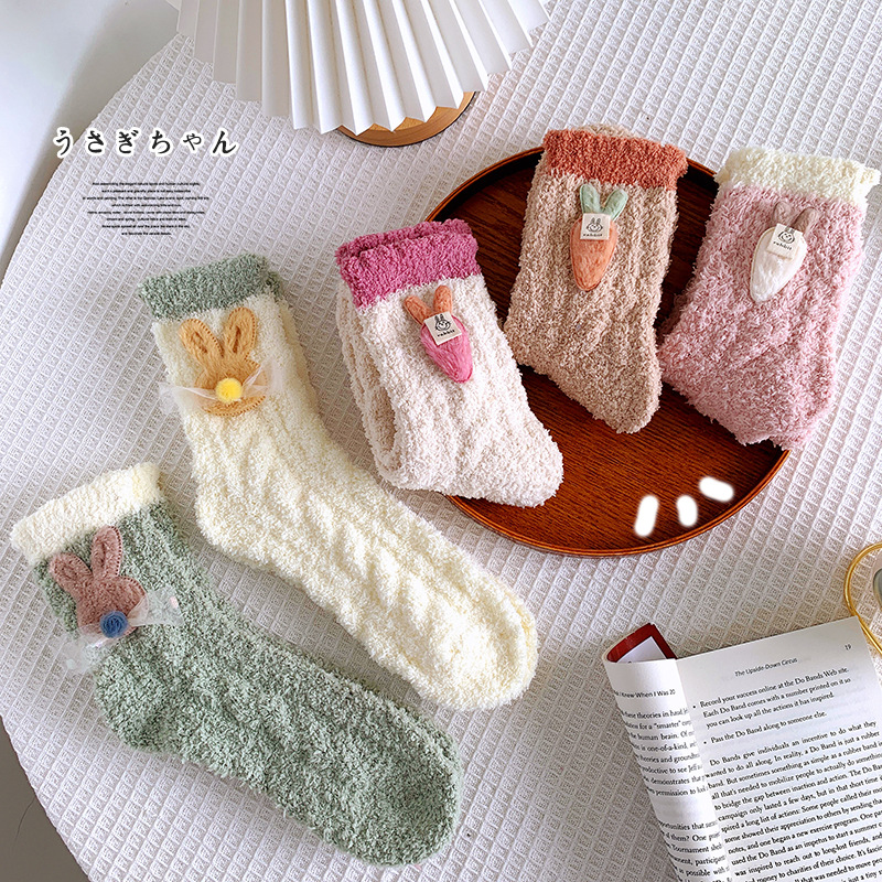 Thick coral velvet AB rabbit socks for girls,ins fashion women,medium length socks,japanese cartoon loose mouth warm floor socks