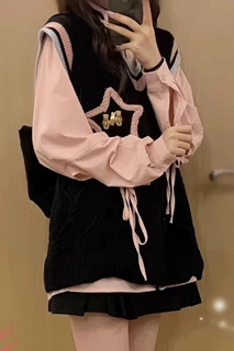 衬衫两件套针织背心学院风穿黑色外穿马甲叠无袖秋季韩版女日系