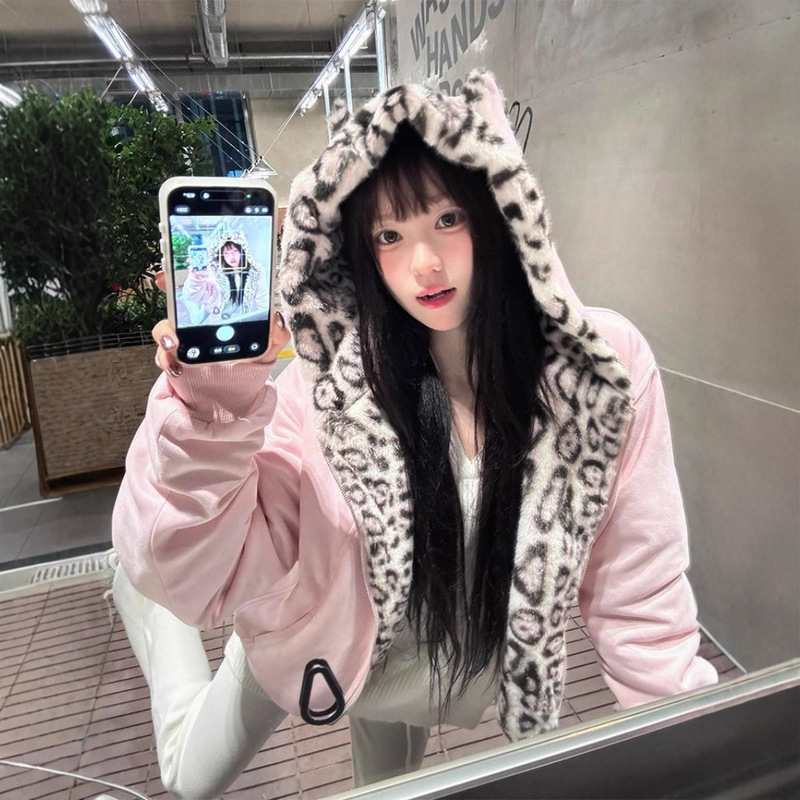 Sweet and Cute Rabbit Ear Leopard Print Hooded Sweatshirt Jacket for Women Winter New Style Velvet Warm Design Cotton Outwear