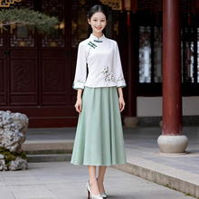 汉服国风改良套装女装复古秋冬季唐装新款玉兰刺绣上衣国风半身裙