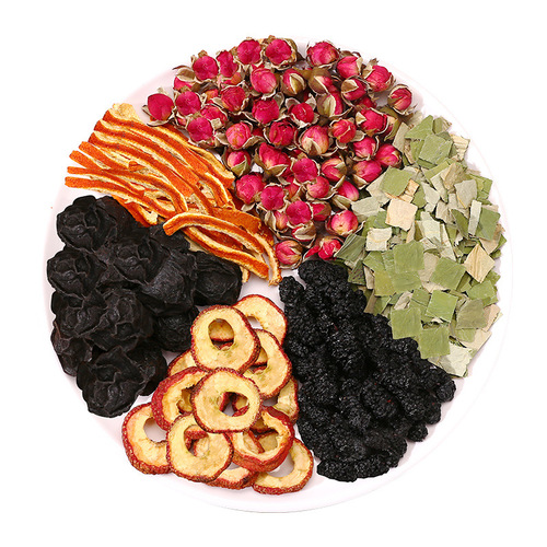 Black plum, mulberry, hawthorn, tangerine peel, lotus leaf tea, fruit tea, health tea, black wolfberry, mulberry and dried rose tea combination
