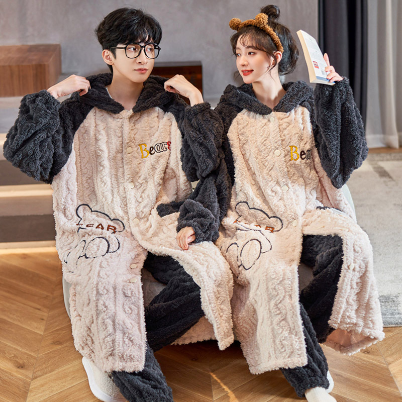 カップル用パジャマ 冬用 コーラルフリース 厚手 秋冬用 男女兼用 裏起毛セット 冬用ナイトガウン ホームウェア