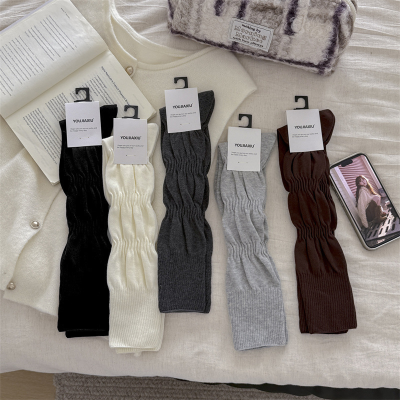 youjiaxiu women's socks in ins style, solid color, pleated bubble calf socks, versatile seamless long tube socks, boot socks