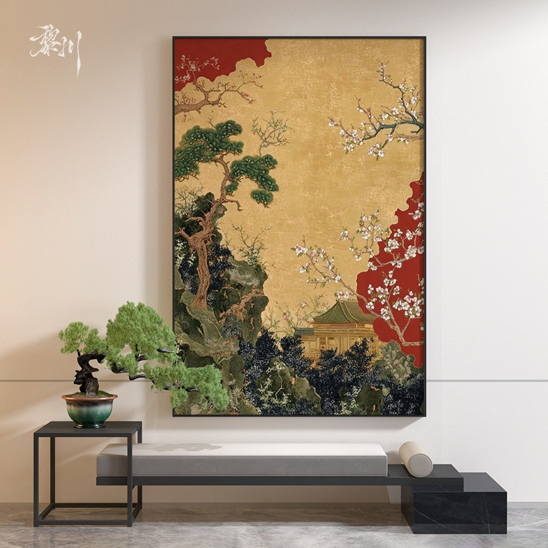 New Chinese-style landscape and plum blossom vintage tea room Chinese-style living room and bedroom decorative painting entrance background wall mural hanging painting