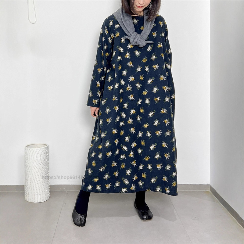 Japanese single Mori SM2 elegant small flower cluster printed underarm pleated cotton flannel round neck long sleeve dress