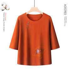 中年妈妈夏装套装棉绸时尚绣花宽松洋气上衣短袖两件套中老年女装