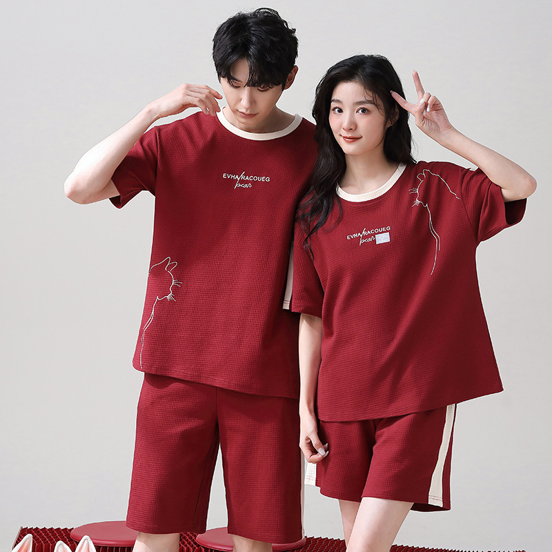 Couple pajamas men's and women's summer thin cotton short-sleeved shorts bridal wedding red homewear plus size suit
