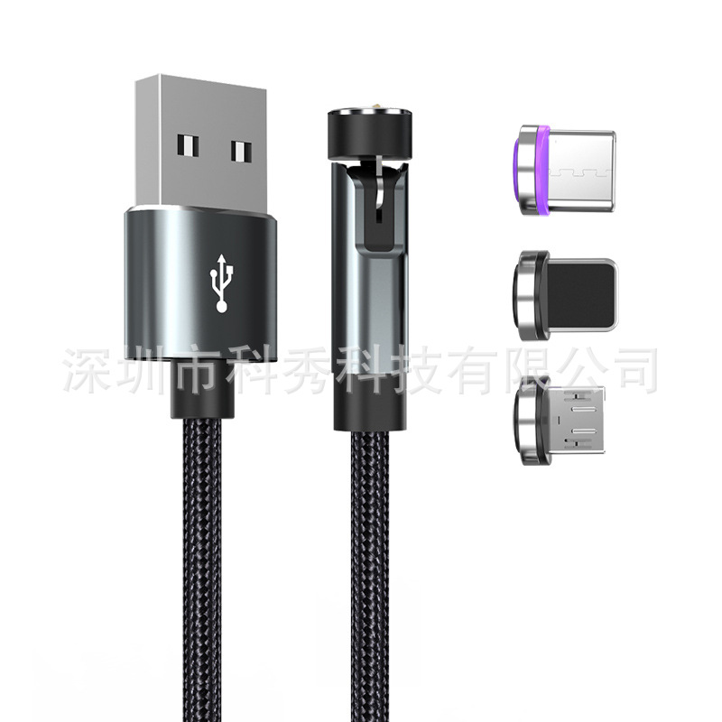 Cable de datos de succión magnética de fábrica 540 grados que giran el cable de succión magnética 3A carga rápida primera línea cable de datos de carga de tres cabezas tipo-c