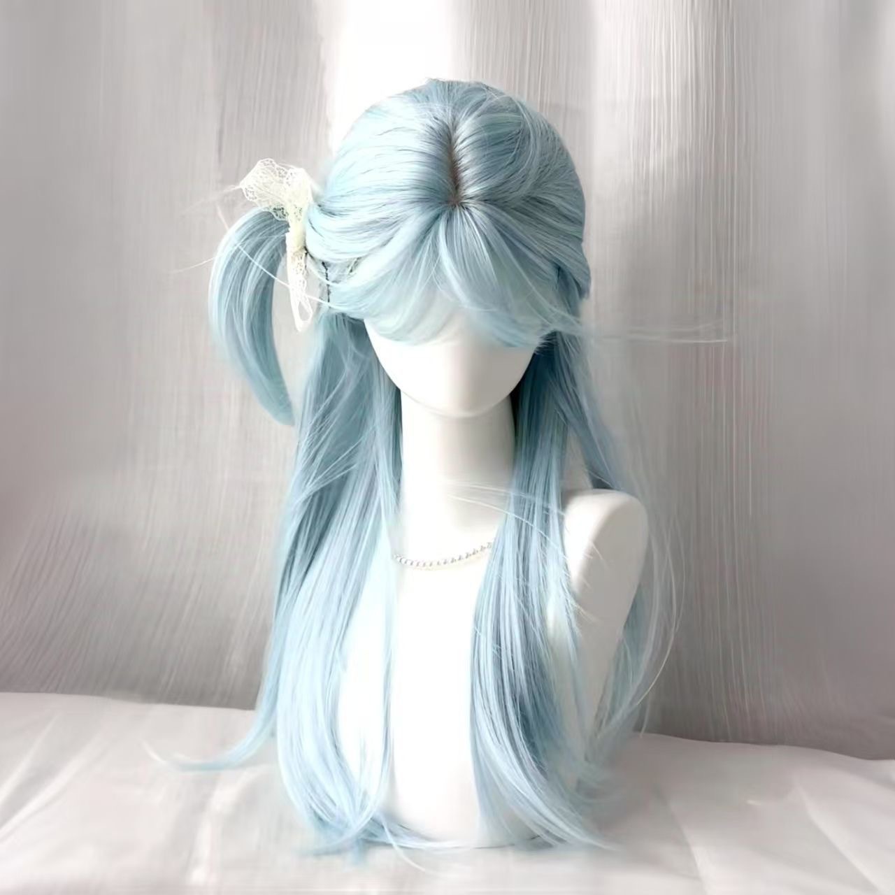 Koni Parykk [Baby Blue] Dame vår/sommer Ny stil Milk Blue Bangs Naturlig langt rett hår JK