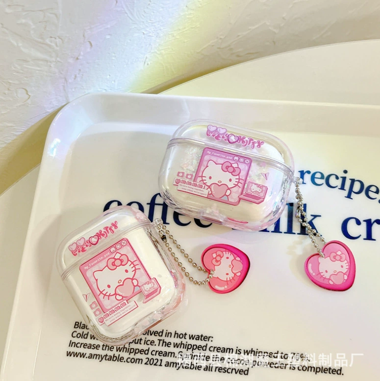 Защитный чехол (Apple) AirPods 1/2, 3, Pro/Pro2 — прозрачный с принтом hello kitty и брелоком