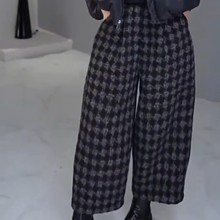 厂家直销秋冬新款加绒加厚小个子高腰显瘦胖mm九分格子直筒阔腿裤