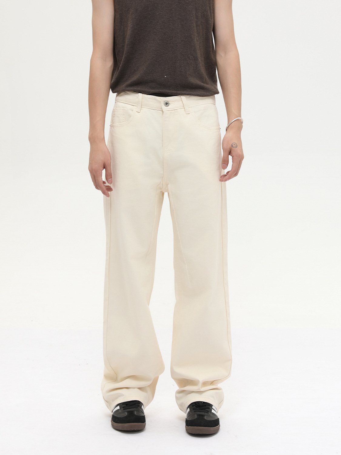 MTLCLOTHES para hombre | Vaqueros lavados sueltos de algodón puro de estilo básico simple de color puro coreano