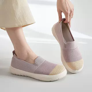 春夏款透气拼色飞织女鞋一脚蹬妈妈鞋子中老年防滑轻便健步鞋单鞋