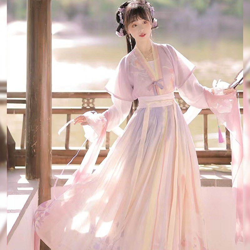 Authentic Tang Dynasty-Style Hanfu for Women, Adult Round-Neck Short-Sleeve Top with Pleated Skirt, Full Set of Traditional Chinese Clothing
