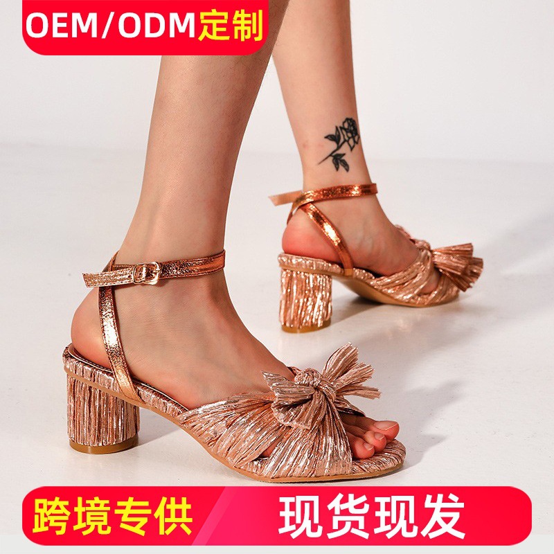 Sandalias de verano para mujer, sandalias de tacón grueso con lazo de satén, sandalias de punta redonda y abierta para mujer, sandalias de talla grande para mujer, venta al por mayor de comercio exterior.