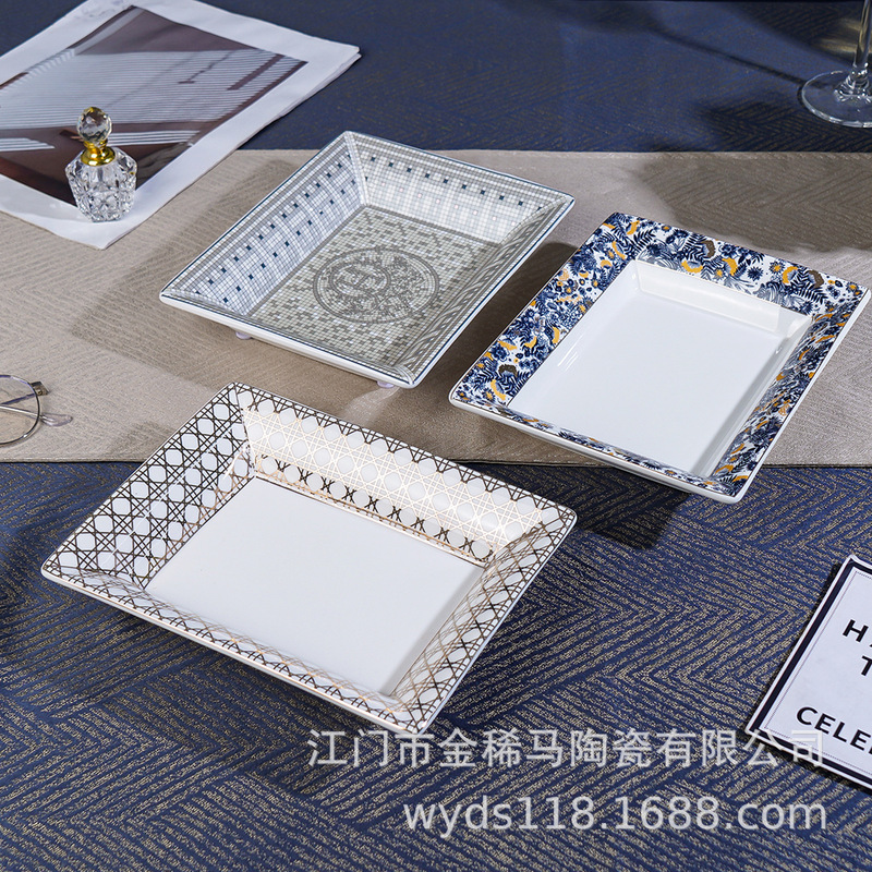 D Brand High-End Ceramic Jewelry Tray Rectangular Gold-Edged Storage Tray for Rings, Necklaces, Earrings, and Jewelry Organizer Tray