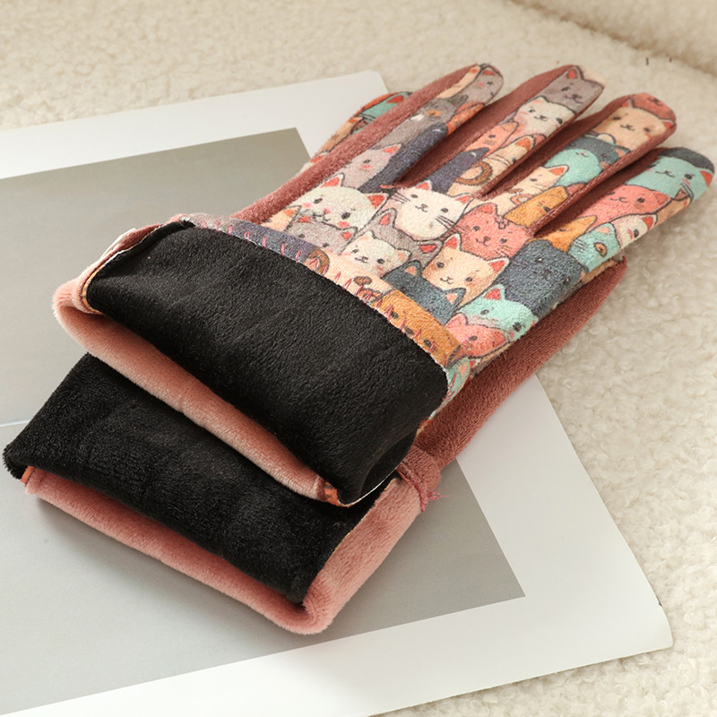 Gato lindo 3D pintura al óleo guantes de seda estilo japonés mujer invierno grueso guantes de calor al por mayor