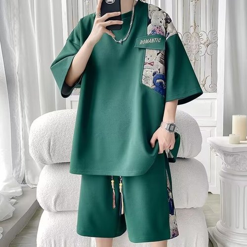 National Trend Honeycomb Bear Set for Men - Summer Streetwear Two-Piece Pajama Set Loose Casual Large Size Short-Sleeve Five-Finger Pants