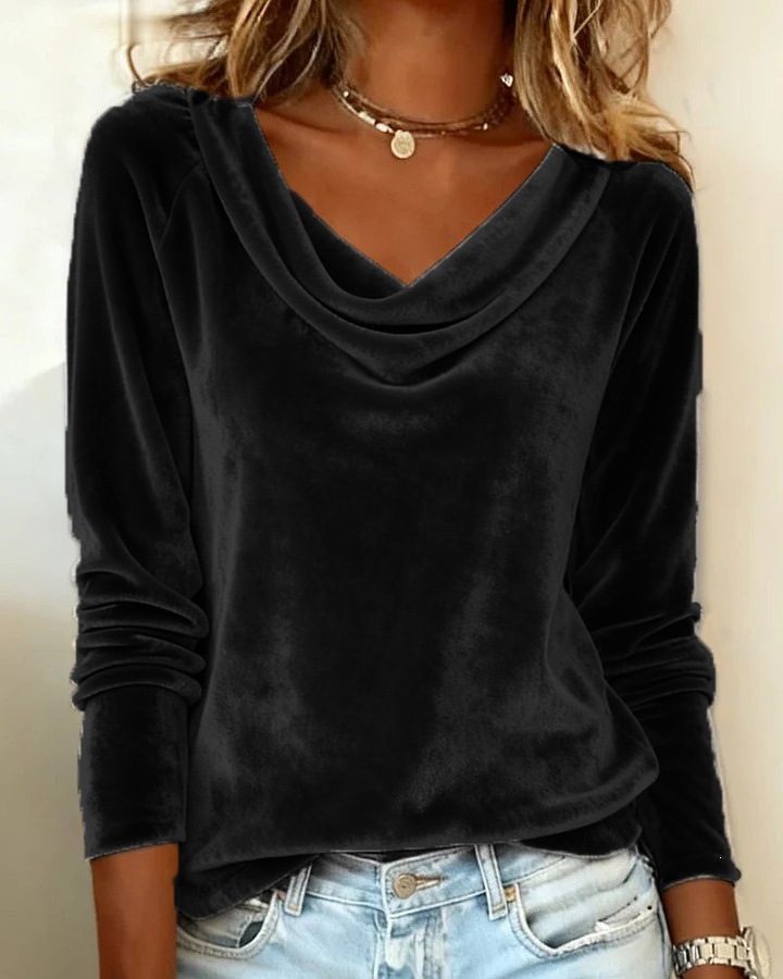 Women's Clothing Velvet Cowl Neck Long Sleeve T-Shirt, Elegant Solid Color Top For Casual And Evening Wear_ecoleips.com