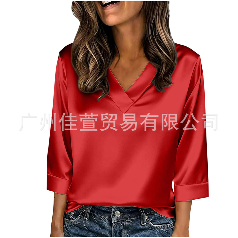 Women's Fashionable Casual Loose-Fitting Spring and Summer Satin Three-Quarter Sleeve V-Neck Solid Color Pullover Top Satin Women's Fashionable Casual Loose-Fitting Spring and Summer Satin Three-Quarter Sleeve V-Neck Solid Color Pullover Top Satin
