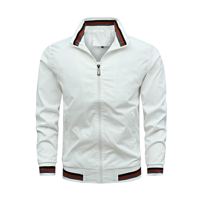 Primavera y otoño cremallera béisbol blanco juventud ordinaria costura lateral bolsillo sin capucha casual ajuste en stock chaqueta