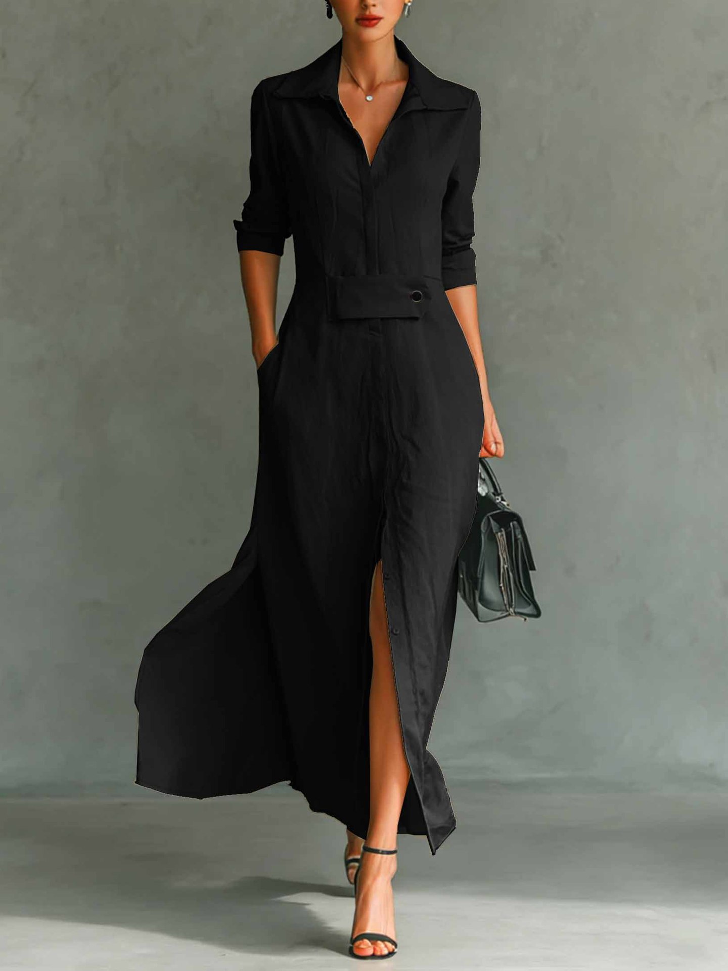 2026 European And American Cross-border Independent Station Long-sleeved Casual Elegant Slit Shirt Dress_ecoleips.com