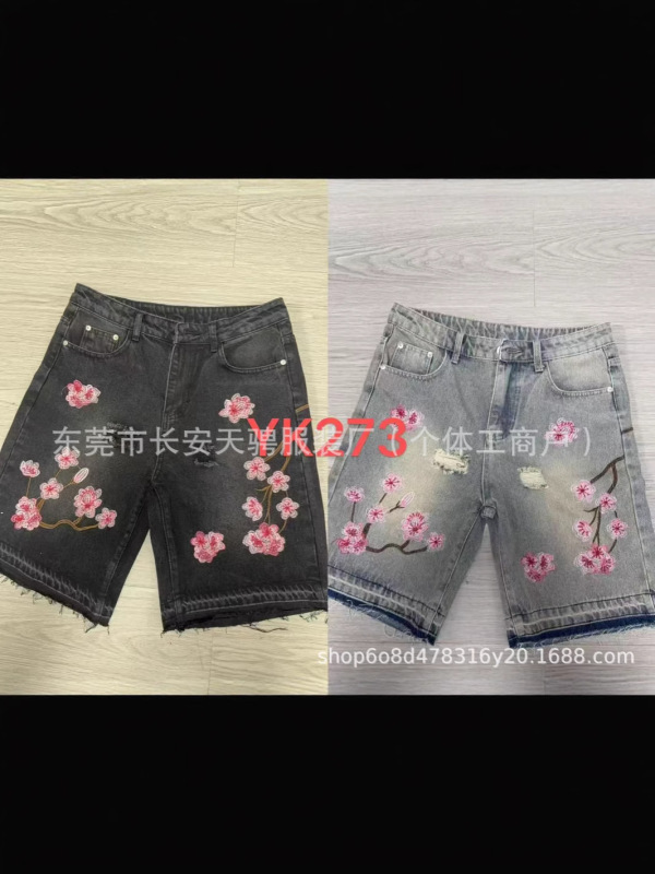 トレンディで多用途なファッショナブルなショートパンツ、クロスボーダー外国貿易、アメリカンレトロなパーソナライズされたストリートフラワー刺繍デニムショートパンツ、男性と女性用|undefined