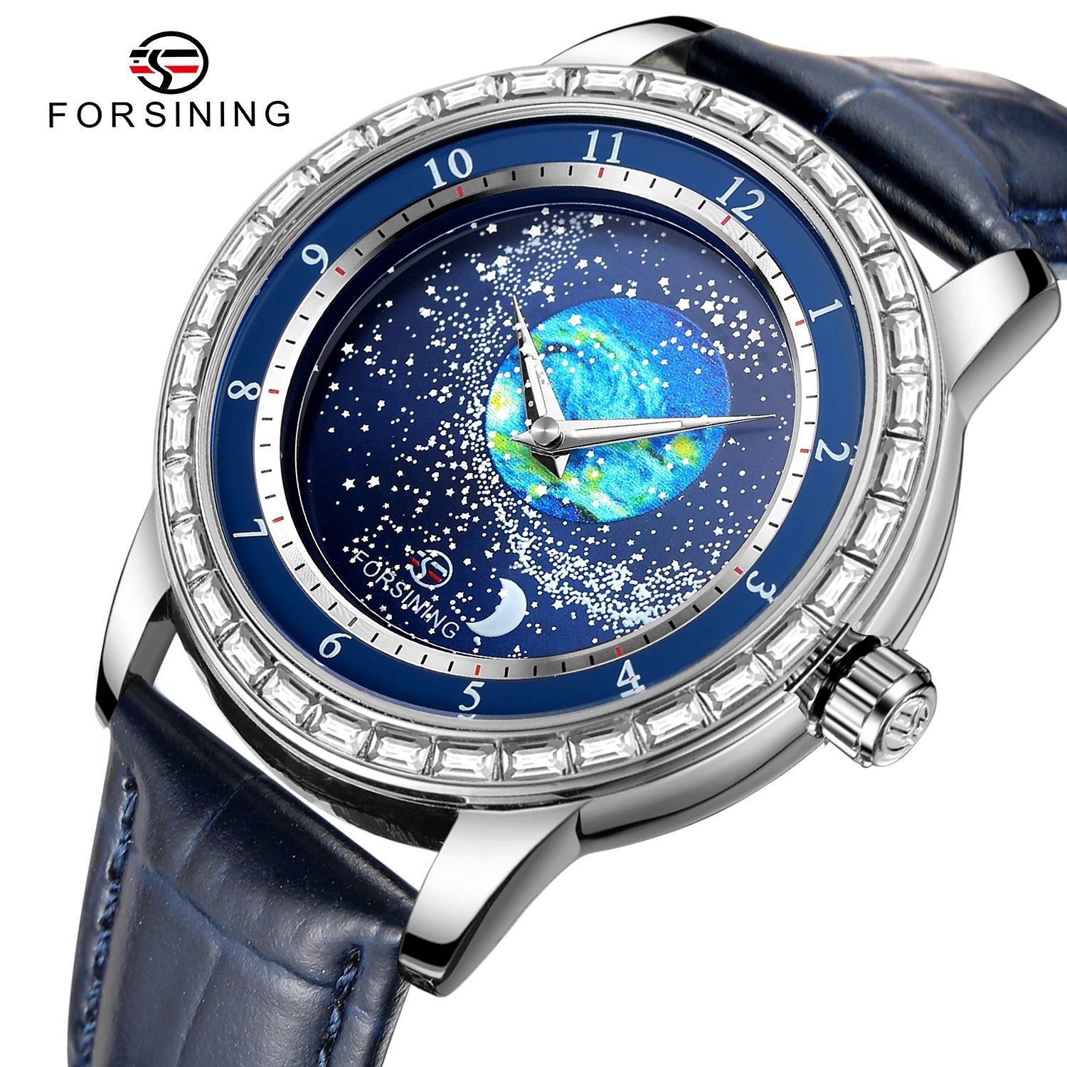 Forsining nuevo estilo europeo y americano hombre moda ocio rotación luz nocturna estrella reloj mecánico estrella