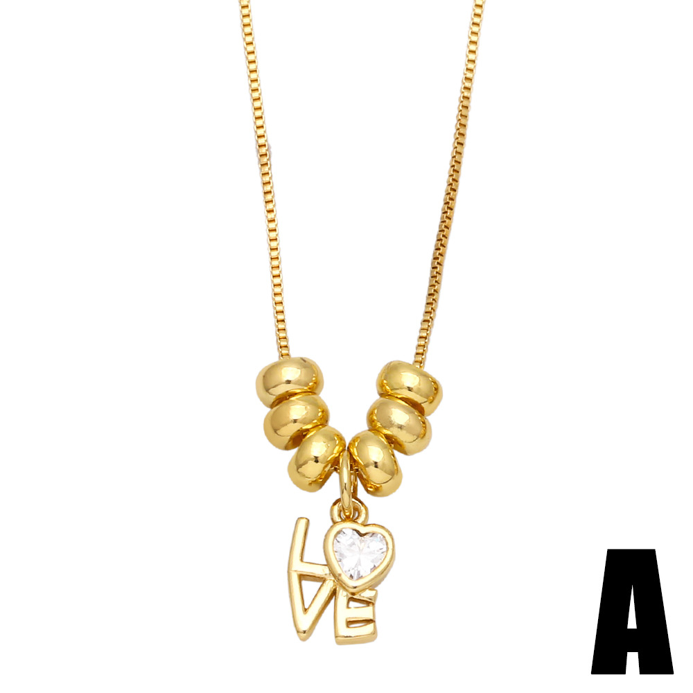 Fashion round Beads Womenu0027s Diamond-Embedded Heart Letter Love Pendant Zircon Copper Necklace