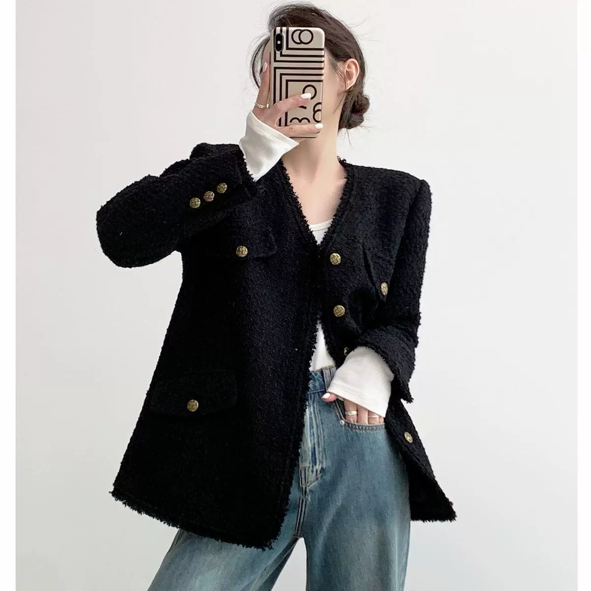 Демисезонная черная ретро-куртка, корейский стиль, стиль Chanel, французский ретро стиль, свободный крой, v-образный вырез