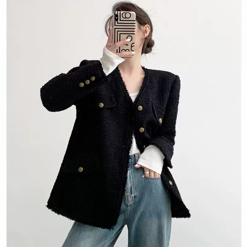 Демисезонная черная ретро-куртка, корейский стиль, стиль Chanel, французский ретро стиль, свободный крой, v-образный вырез
