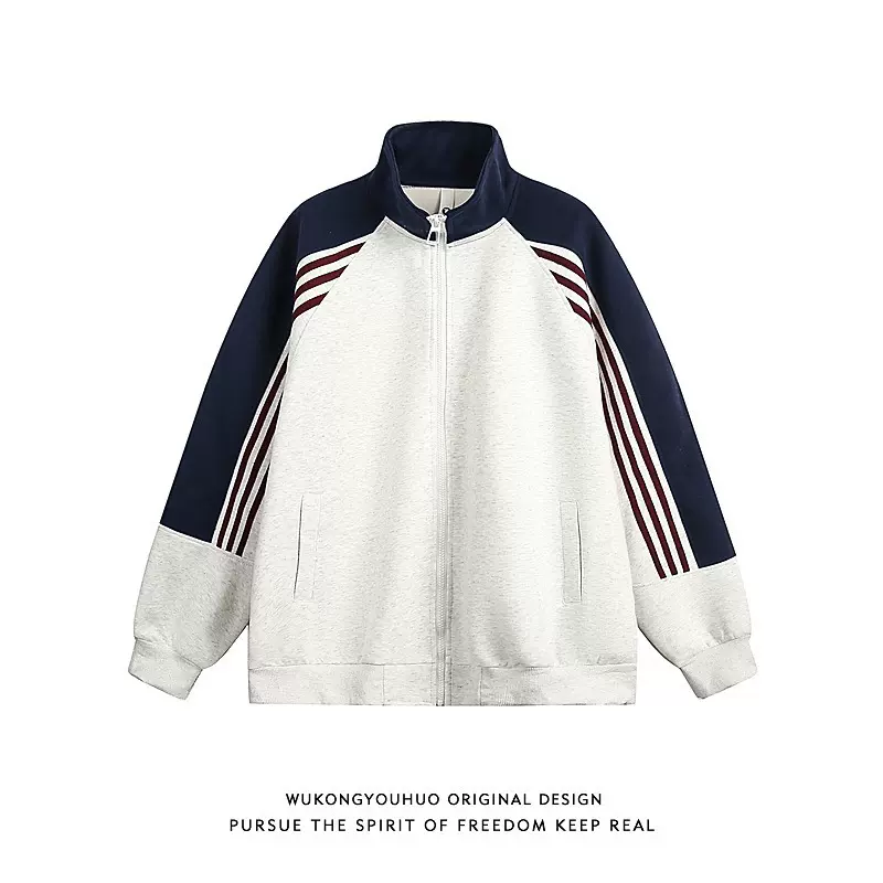 美式复古三条杠撞色立领休闲夹克外套女春秋设计感拉链卫衣开衫潮