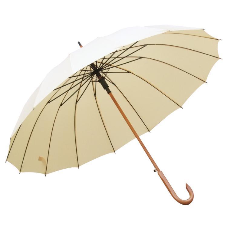 Venta al por mayor extra grande doble 16-Bone madera medio palo mango largo paraguas soleado paraguas de madera maciza mango curvo paraguas a prueba de viento Caballero publicidad de negocios