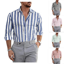 2022欧美风春夏新款棉麻条纹衬衫男翻领长袖亚马逊爆款衬衫男