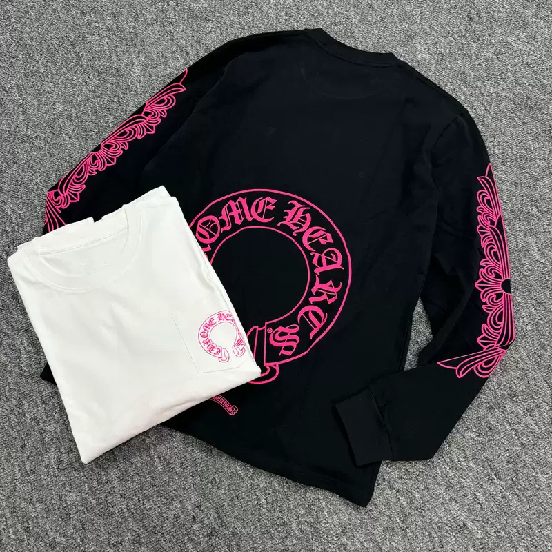 【เสื้อยืดแขนยาว มีสินค้าพร้อมจำหน่าย รุ่นถูกต้อง】เสื้อยืดแขนยาวพิมพ์ลายเกือกม้าสีชมพู รุ่นใหม่จาก Ch Chrome Hearts ลาสเวกัส
