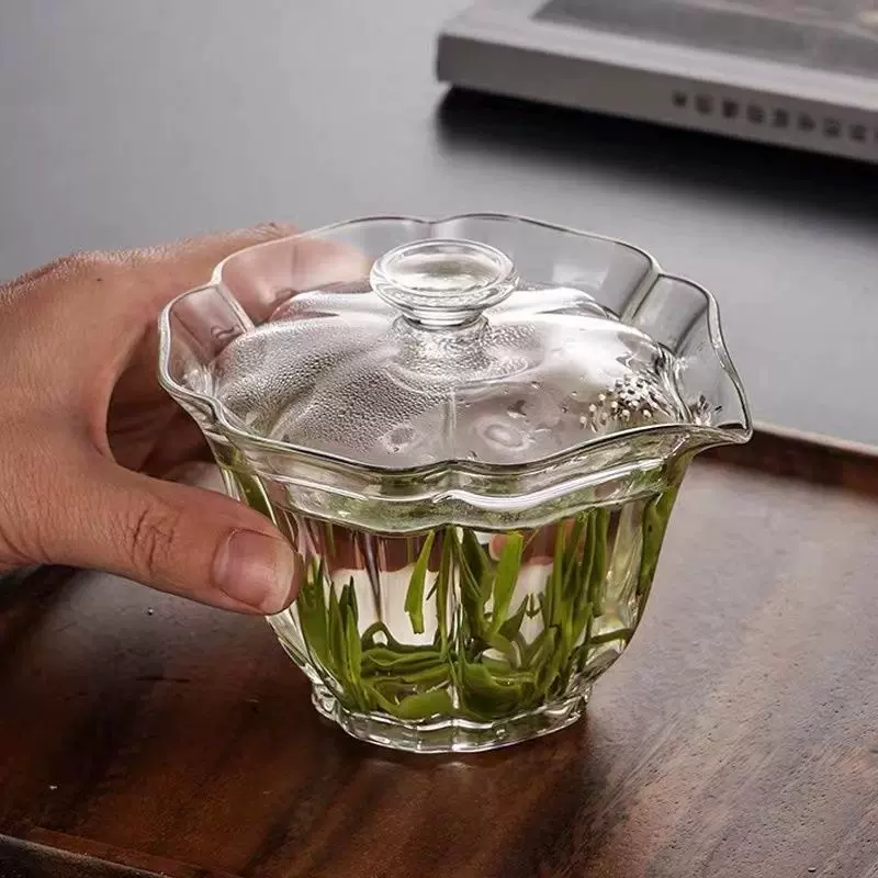 高硼硅玻璃盖碗透明绿茶带盖百财大容量耐热茶具耐热性单杯