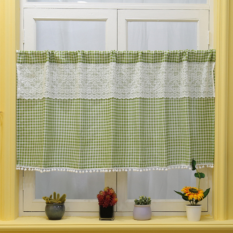 Nordischer Karomuster Türvorhang Mit Spitze Und Stangendurchzug_voghion.com