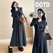 孕妇裙2024秋冬新款韩系简约气质辣妈V领显瘦连衣裙+披肩两件套