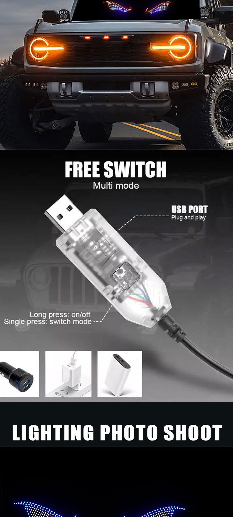 New Devil Eye Car Led Decorative Light Modified Kazilan Big Eye Light Personalized Decoration 11 Modes USB